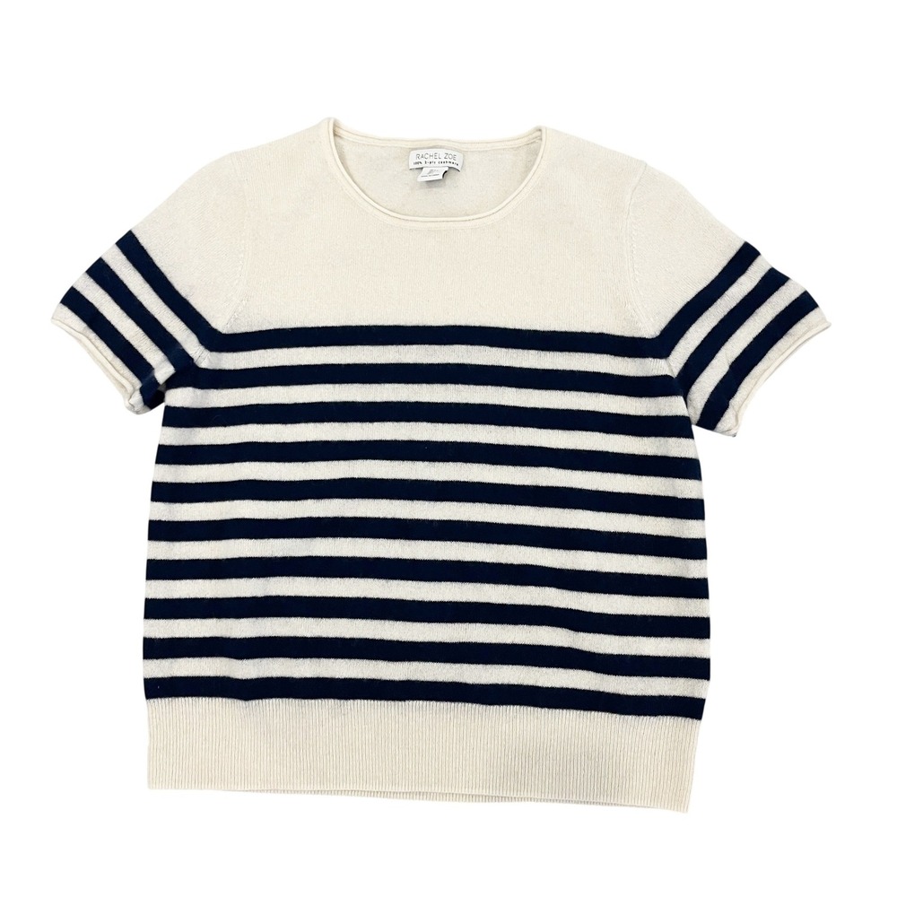 Rachel Zoe Cashmere Short Sleeve Sweater Cream Navy Blue Striped Preppy LARGE